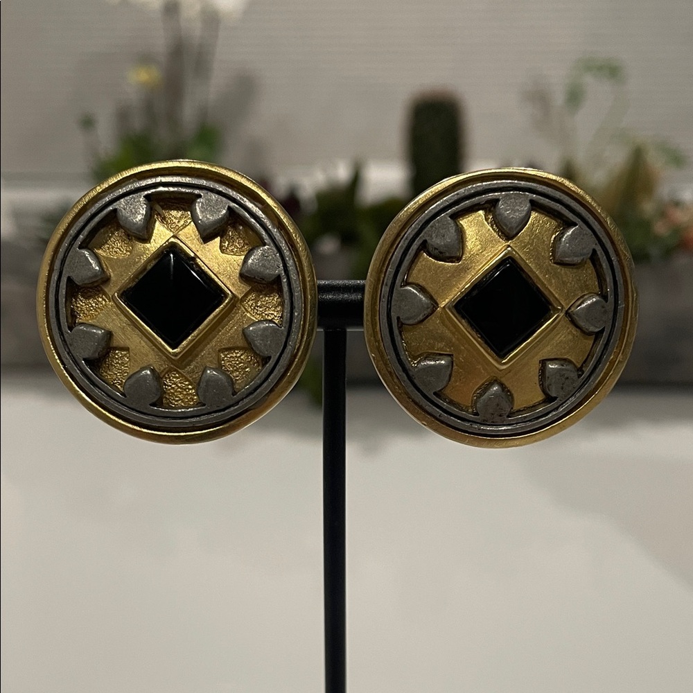 Roxanne Assoulin Vintage Two Tone Metal Clip On Earring with Onyx Glass Stone